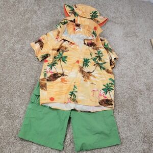 Mohez Boys' Cabana Set 3 Piece Outfit Shirt Shorts Hat Palm Tree Flamingo 11 12Y